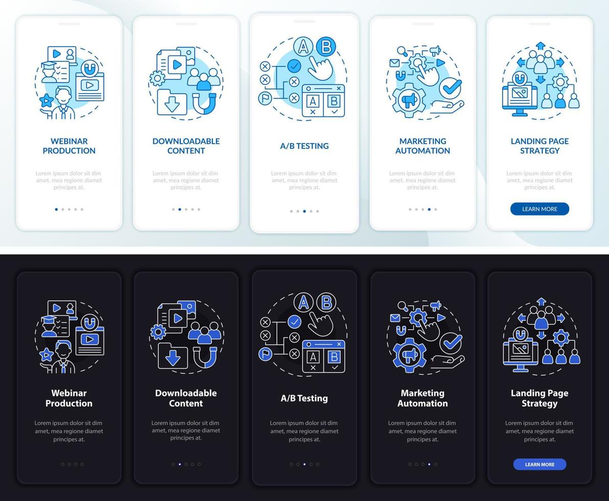 pantalla de aplicación móvil de incorporación de modo diurno y nocturno de marketing digital. tutorial de anuncios páginas de instrucciones gráficas de 5 pasos con conceptos lineales. interfaz de usuario, ux, plantilla de interfaz gráfica de usuario. vector