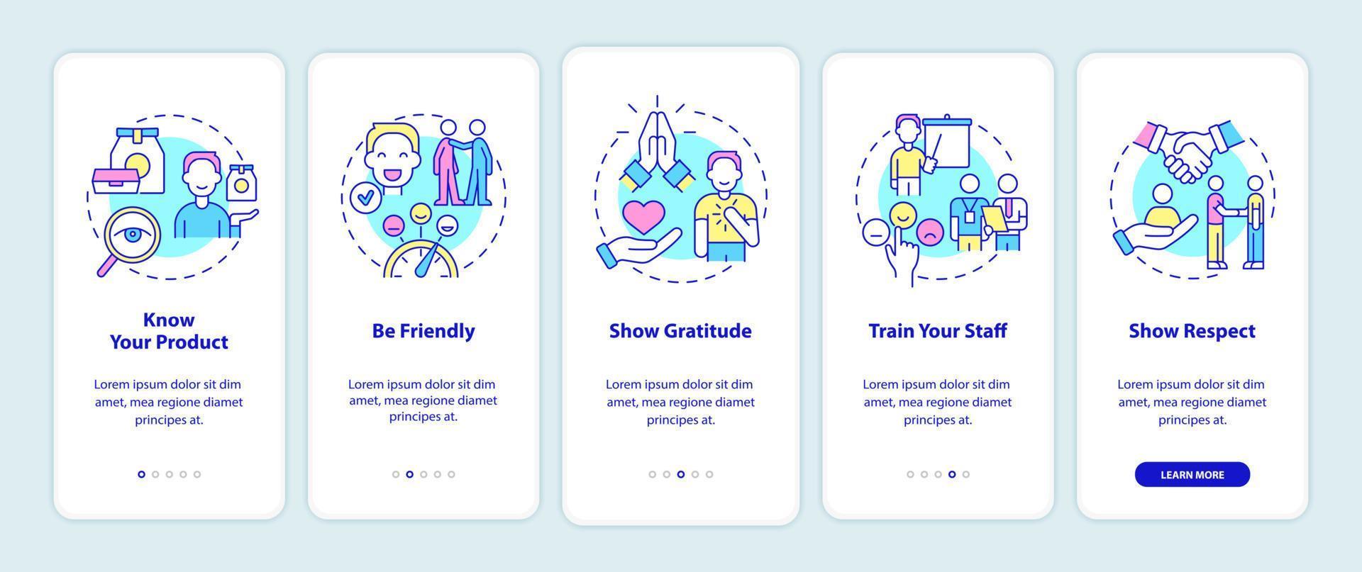 Customer service onboarding mobile app screen. Clients assistance walkthrough 5 steps graphic instructions pages with linear concepts. UI, UX, GUI template. vector