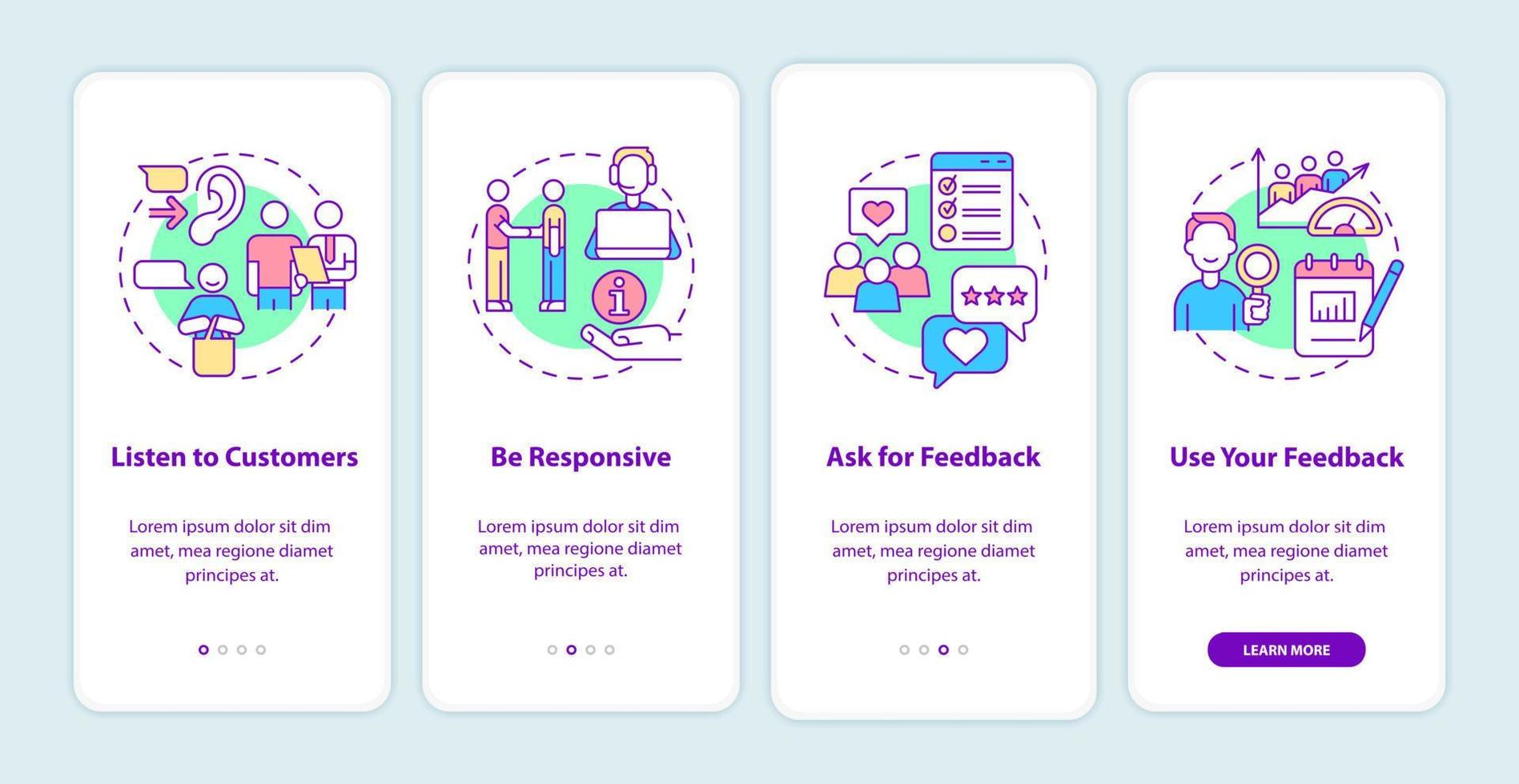 Client service onboarding mobile app screen. Customer support walkthrough 4 steps graphic instructions pages with linear concepts. UI, UX, GUI template. vector