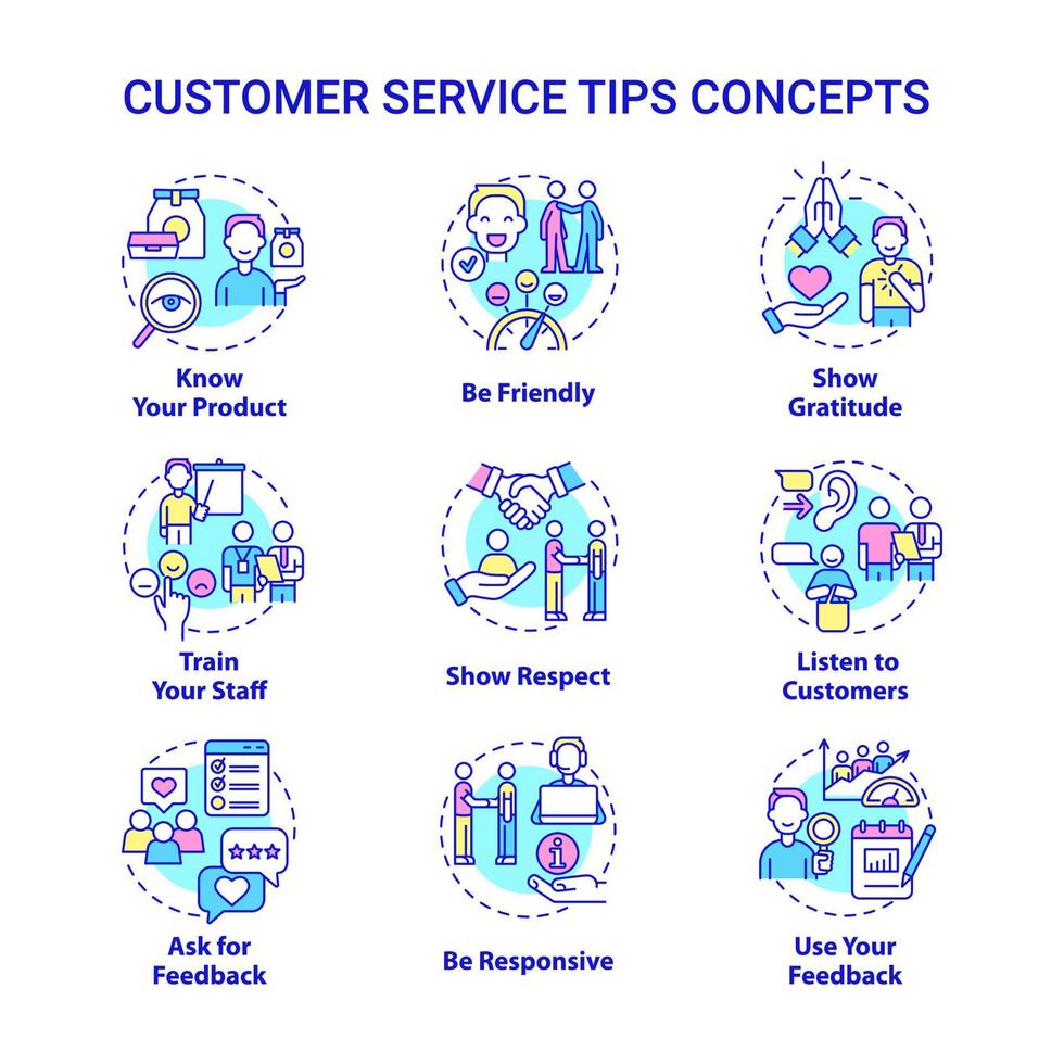 Customer service tips concept icons set. Marketing and commerce idea thin line color illustrations. Isolated outline drawings. Editable stroke. vector