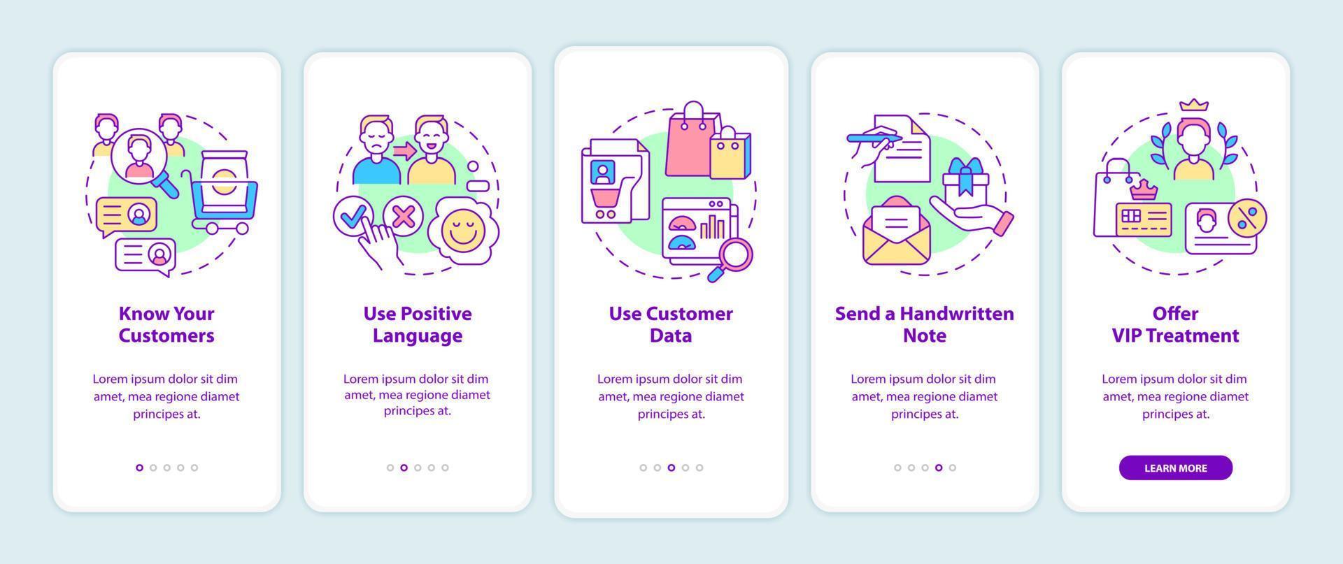 Customer assistance tips onboarding mobile app screen. Clients treatment walkthrough 5 steps graphic instructions pages with linear concepts. UI, UX, GUI template. vector