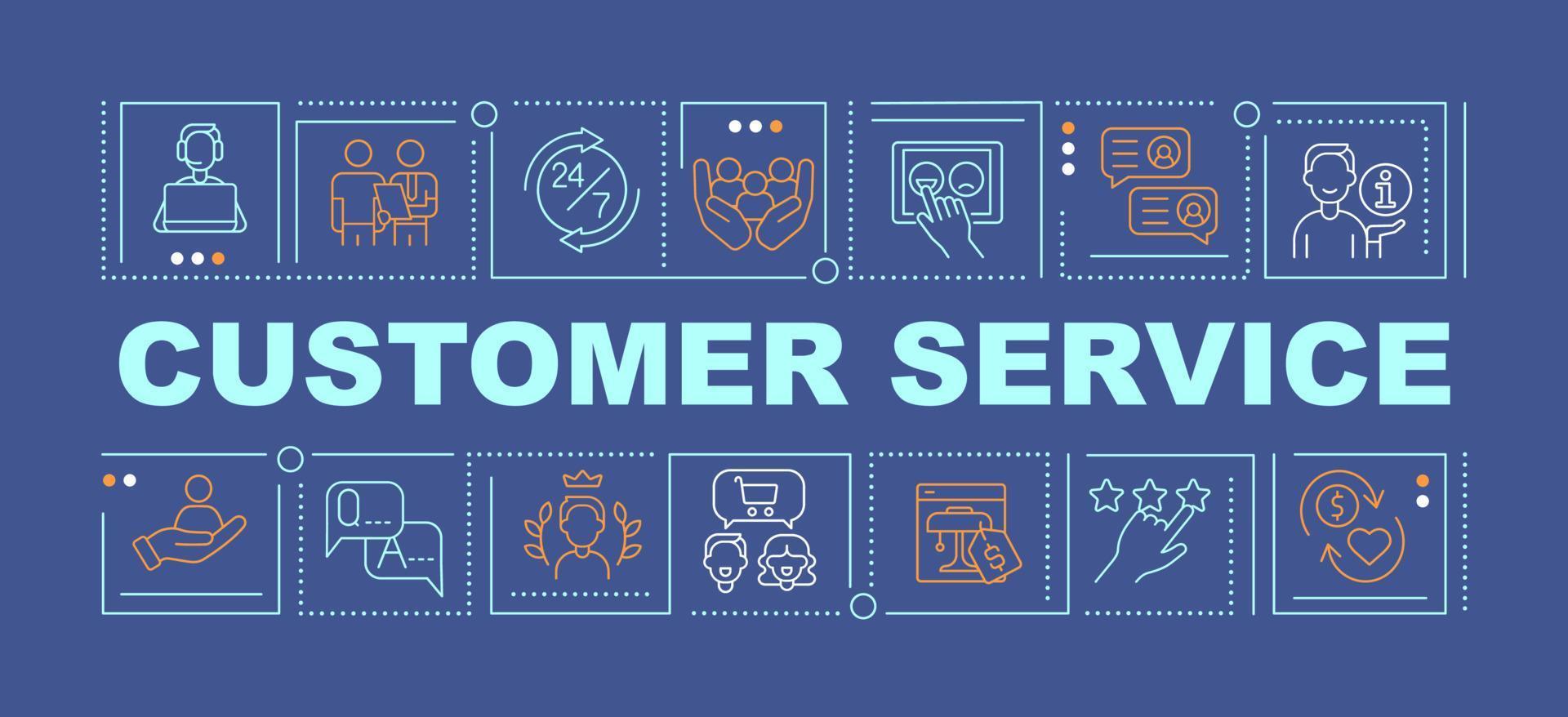 Customer service word concepts dark blue banner. Provide excellent aid. Infographics with linear icons on background. Isolated typography. Vector color illustration with text.