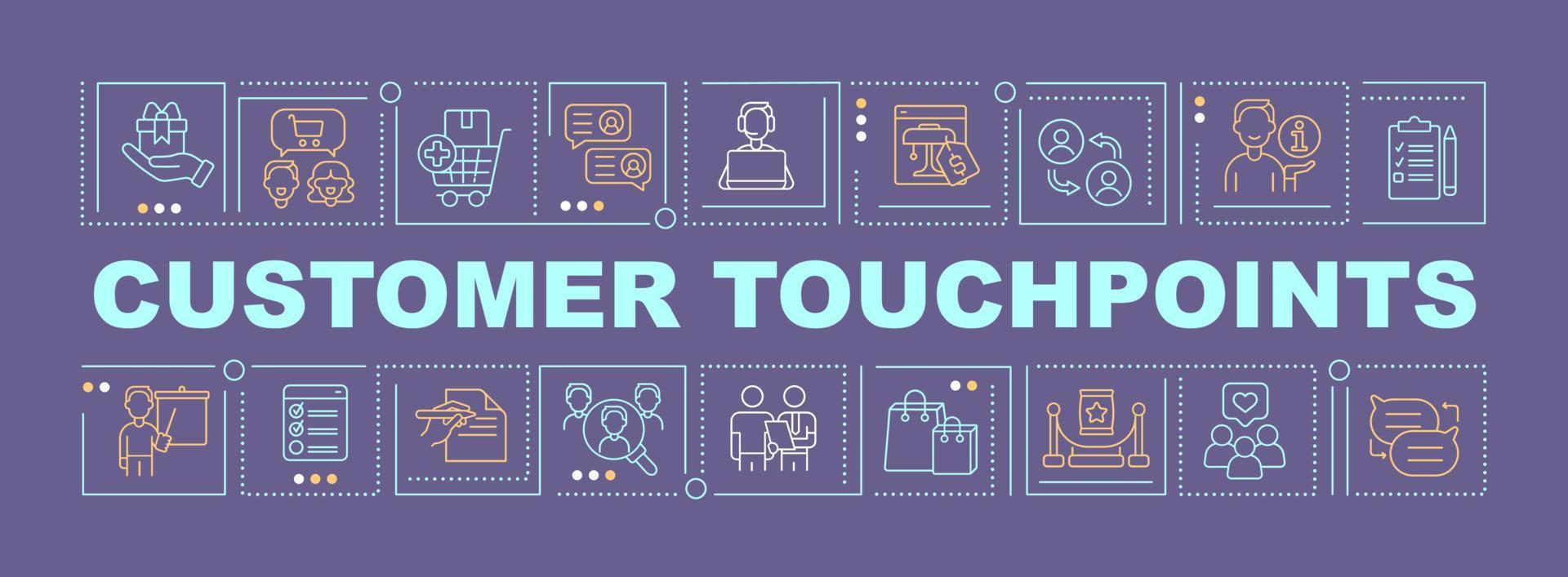 Customer touchpoints word concepts purple banner. Company and clients. Infographics with linear icons on background. Isolated typography. Vector color illustration with text.