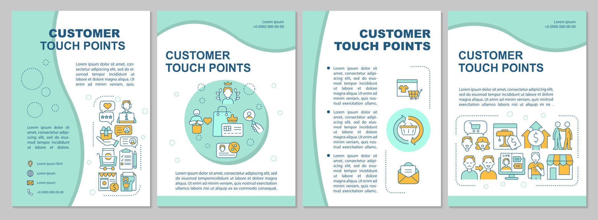 Customer touch points mint brochure template. Client service. Booklet print design with linear icons. Vector layouts for presentation, annual reports, ads.