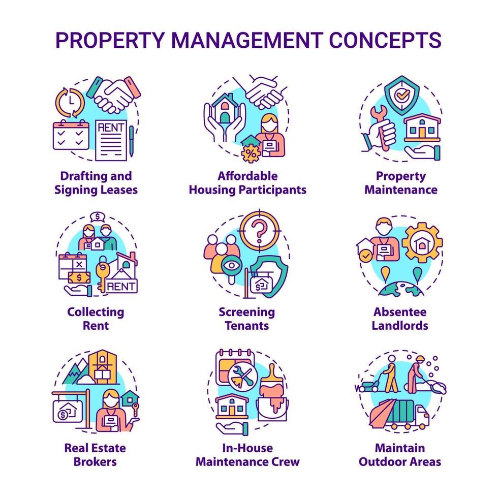 conjunto de iconos de concepto de gestión de propiedad. servicio profesional. operación con ideas inmobiliarias ilustraciones en color de línea delgada. dibujos de contorno aislados. vector