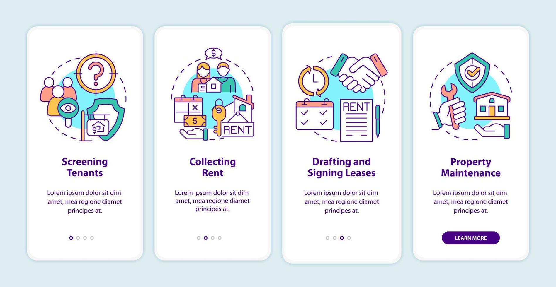 Responsibilities of property manager onboarding mobile app screen. Works walkthrough 4 steps graphic instructions pages with linear concepts. UI, UX, GUI template. vector