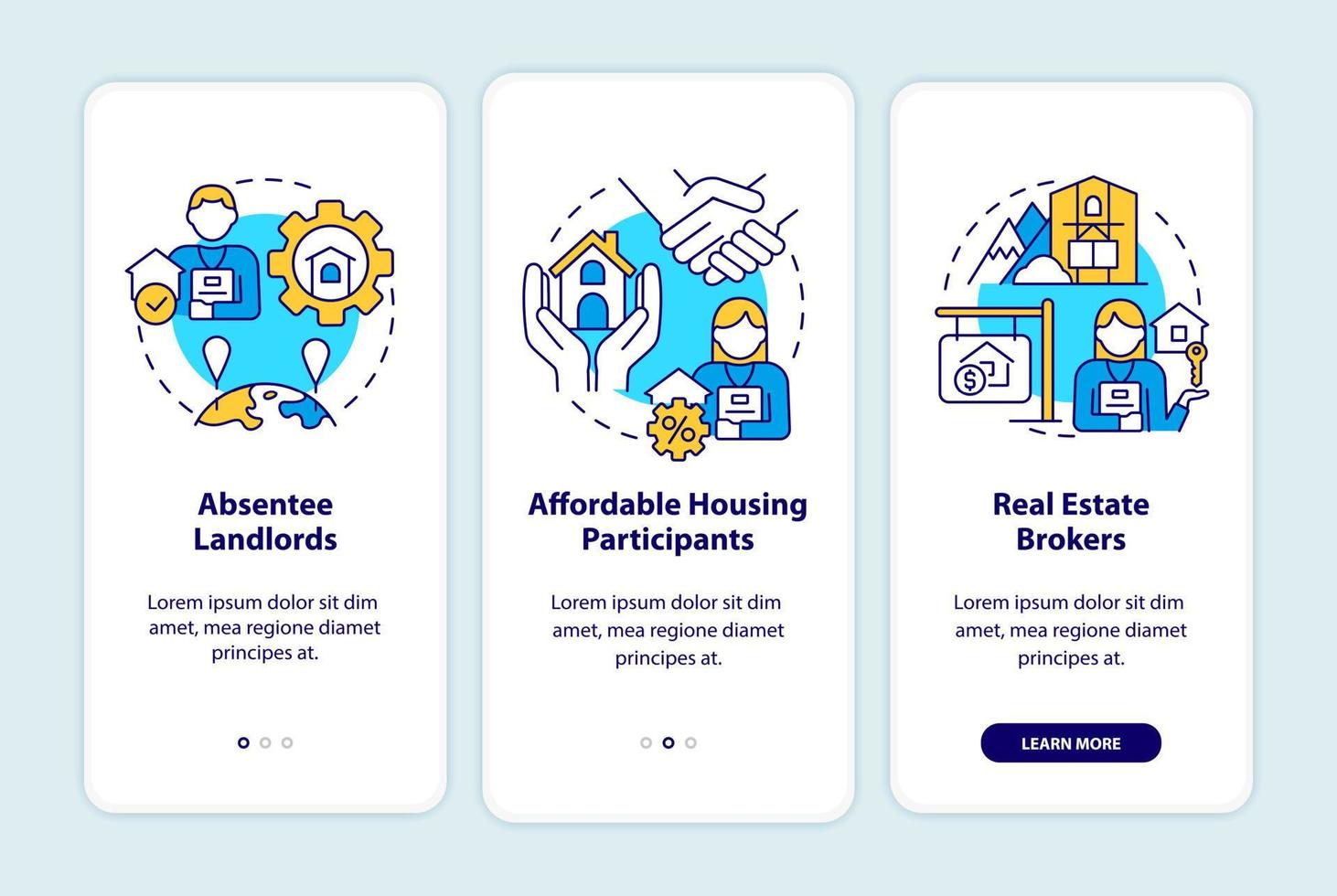 los clientes de los administradores de propiedades incorporan la pantalla de la aplicación móvil. tutorial de bienes raíces páginas de instrucciones gráficas de 3 pasos con conceptos lineales. interfaz de usuario, ux, plantilla de interfaz gráfica de usuario. vector