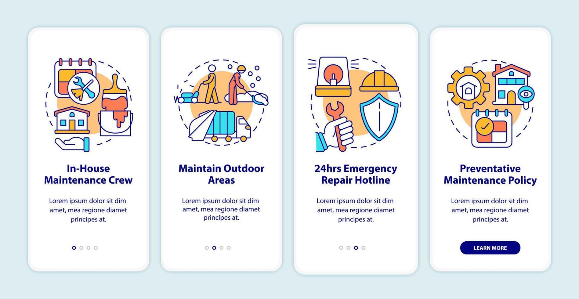 Maintenance, repairs and remodeling onboarding mobile app screen. Service walkthrough 4 steps graphic instructions pages with linear concepts. UI, UX, GUI template. vector