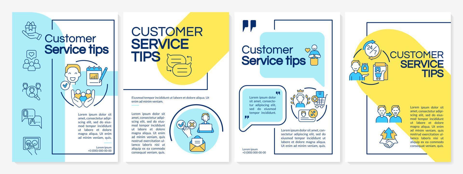 Customer service tips blue and yellow brochure template. Booklet print design with linear icons. Vector layouts for presentation, annual reports, ads.