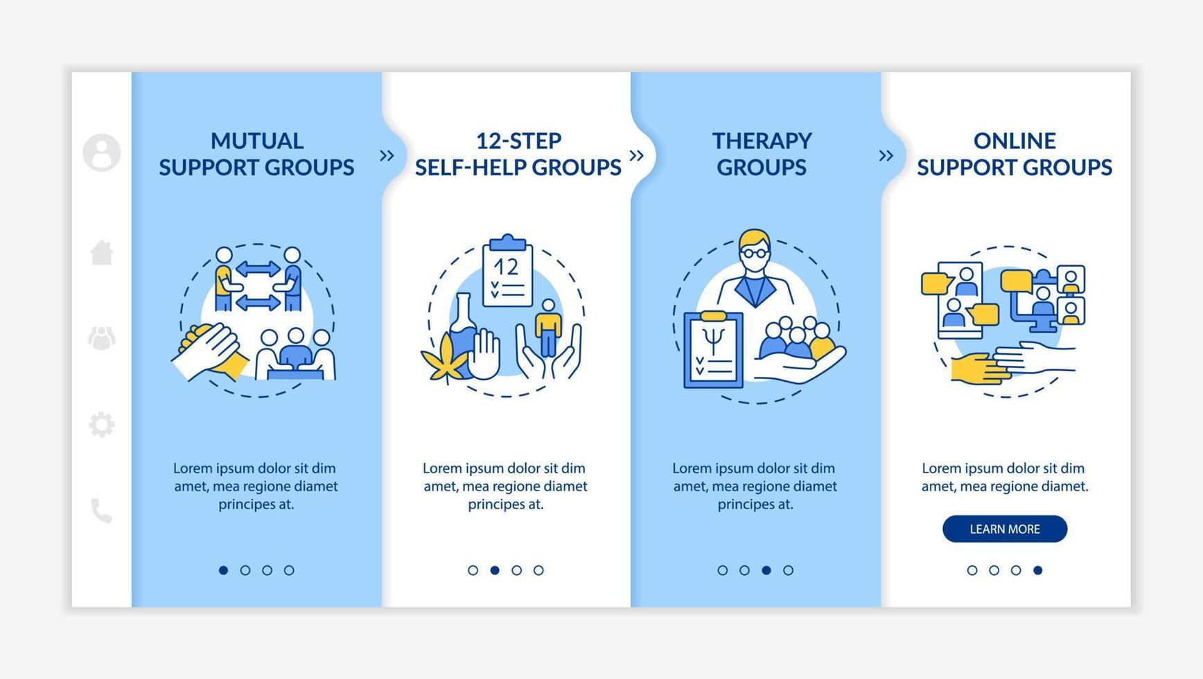 Health related support groups blue and white onboarding template. Online chat. Responsive mobile website with linear concept icons. Web page walkthrough 4 step screens vector