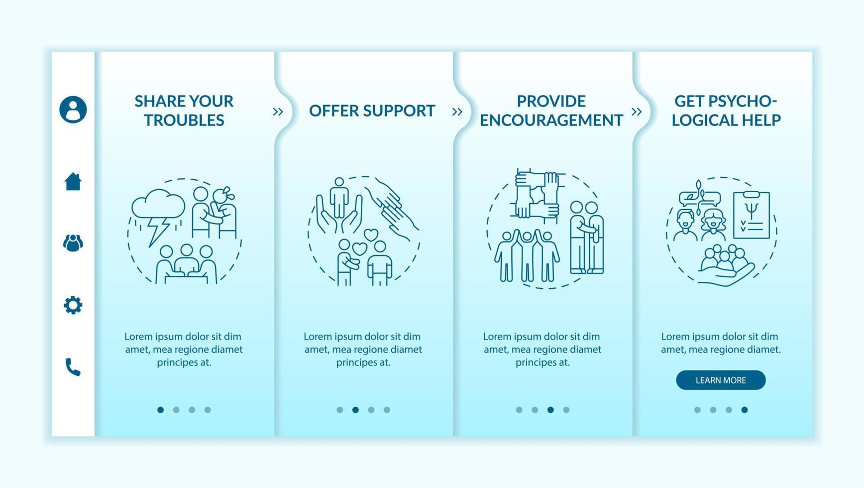 Therapeutic activities turquoise gradient onboarding template. Share troubles. Responsive mobile website with linear concept icons. Web page walkthrough 4 step screens vector