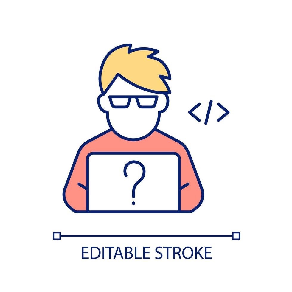 Web developer RGB color icon. Professional coder questioning programming language to choose. Isolated vector illustration. Simple filled line drawing. Editable stroke.