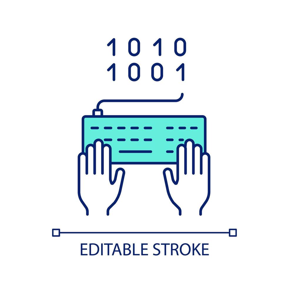 Typing binary code RGB color icon. Programming skills. Software development. Data encryption. Isolated vector illustration. Simple filled line drawing. Editable stroke.