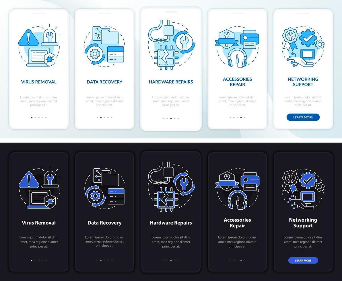 Types of repairs night and day mode onboarding mobile app screen. Walkthrough 5 steps graphic instructions pages with linear concepts. UI, UX, GUI template vector