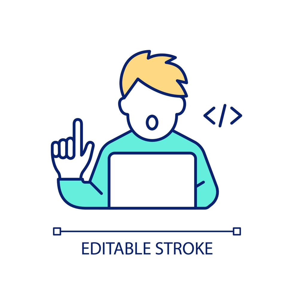 Front end developer RGB color icon. Software programmer. Professional coder working at computer. Isolated vector illustration. Simple filled line drawing. Editable stroke.