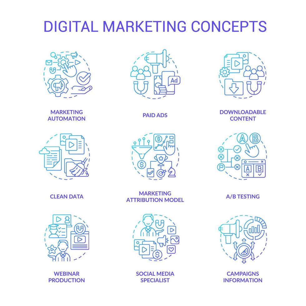 Digital marketing and strategies blue gradient concept icons set. Boost business online idea thin line color illustrations. Isolated outline drawings. vector