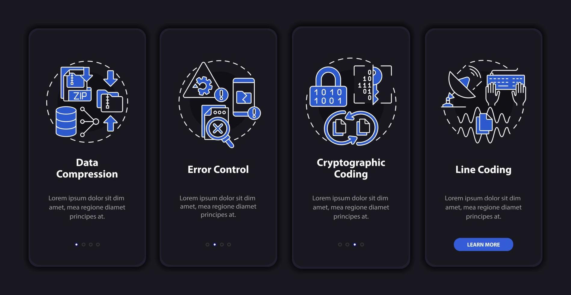 tipos de codificación de modo nocturno que incorporan la pantalla de la aplicación móvil. tutorial del programador 5 pasos páginas de instrucciones gráficas con conceptos lineales. interfaz de usuario, ux, plantilla de interfaz gráfica de usuario. vector