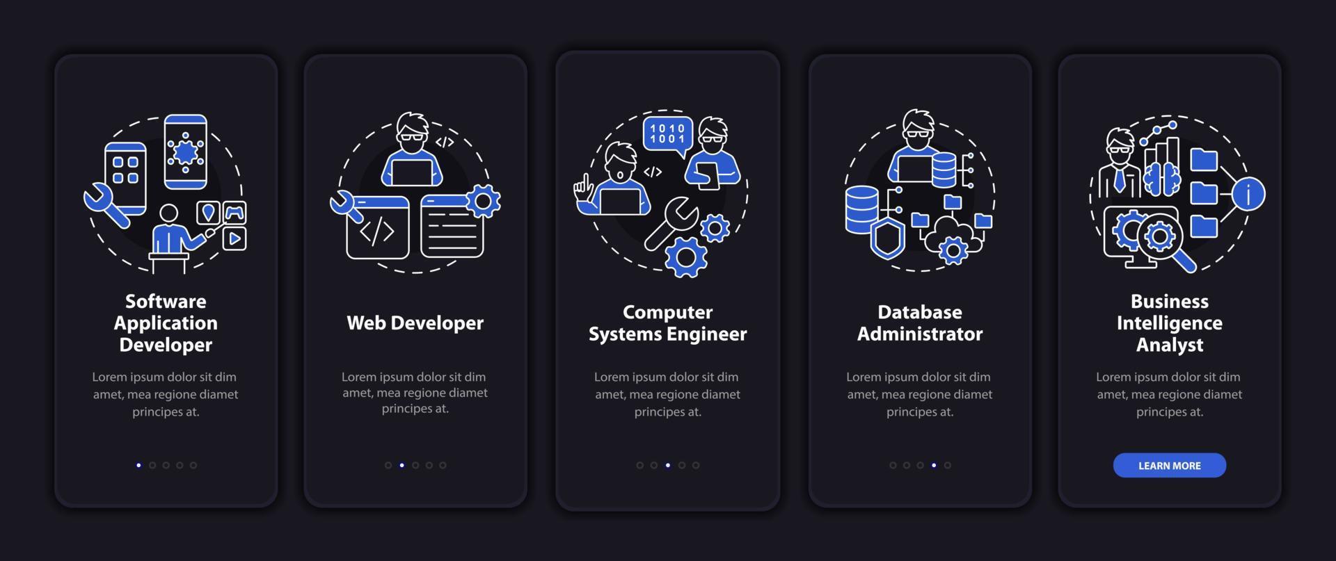 los codificadores de trabajos pueden obtener el modo nocturno incorporando la pantalla de la aplicación móvil. tutorial para trabajadores páginas de instrucciones gráficas de 5 pasos con conceptos lineales. interfaz de usuario, ux, plantilla de interfaz gráfica de usuario. vector