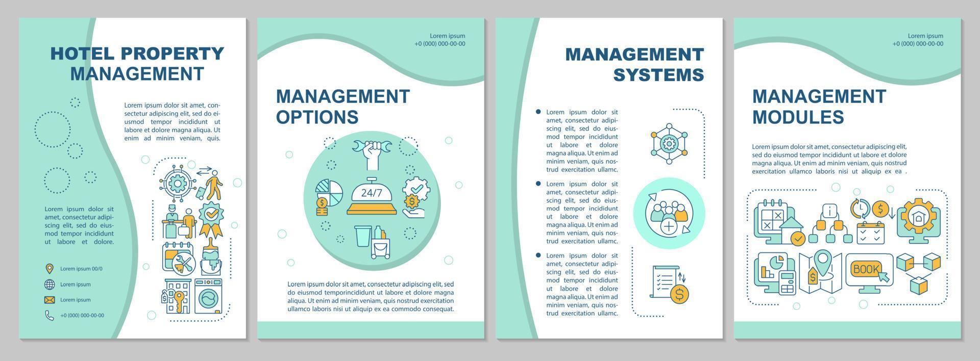 Property manager responsibilities mint brochure template. Booklet print design with linear icons. Vector layouts for presentation, annual reports, ads. Arial, Myriad Pro-Regular fonts used