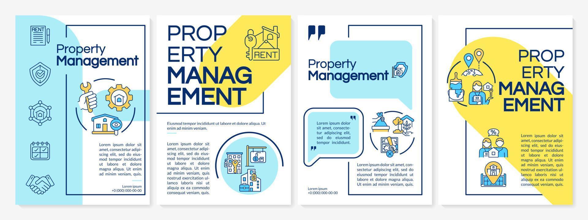 Hotels property management blue and yellow brochure template. Booklet print design with linear icons. Vector layouts for presentation, annual reports, ads.