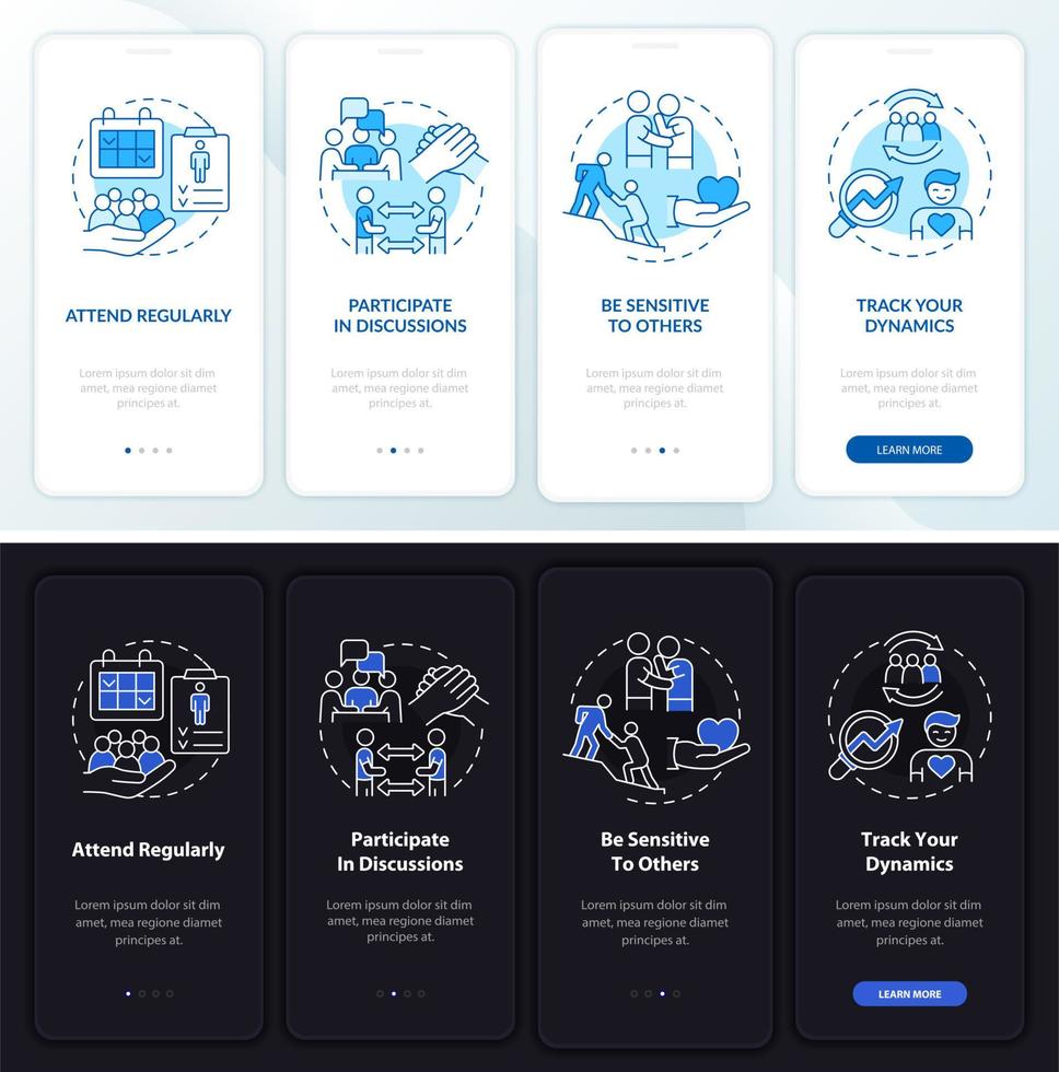 Going to therapy night and day mode onboarding mobile app screen. Walkthrough 4 steps graphic instructions pages with linear concepts. UI, UX, GUI template vector