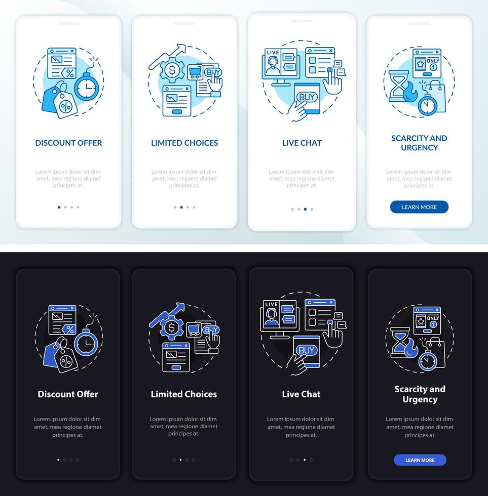 Landing page night and day mode onboarding mobile app screen. Ads walkthrough 4 steps graphic instructions pages with linear concepts. UI, UX, GUI template. vector