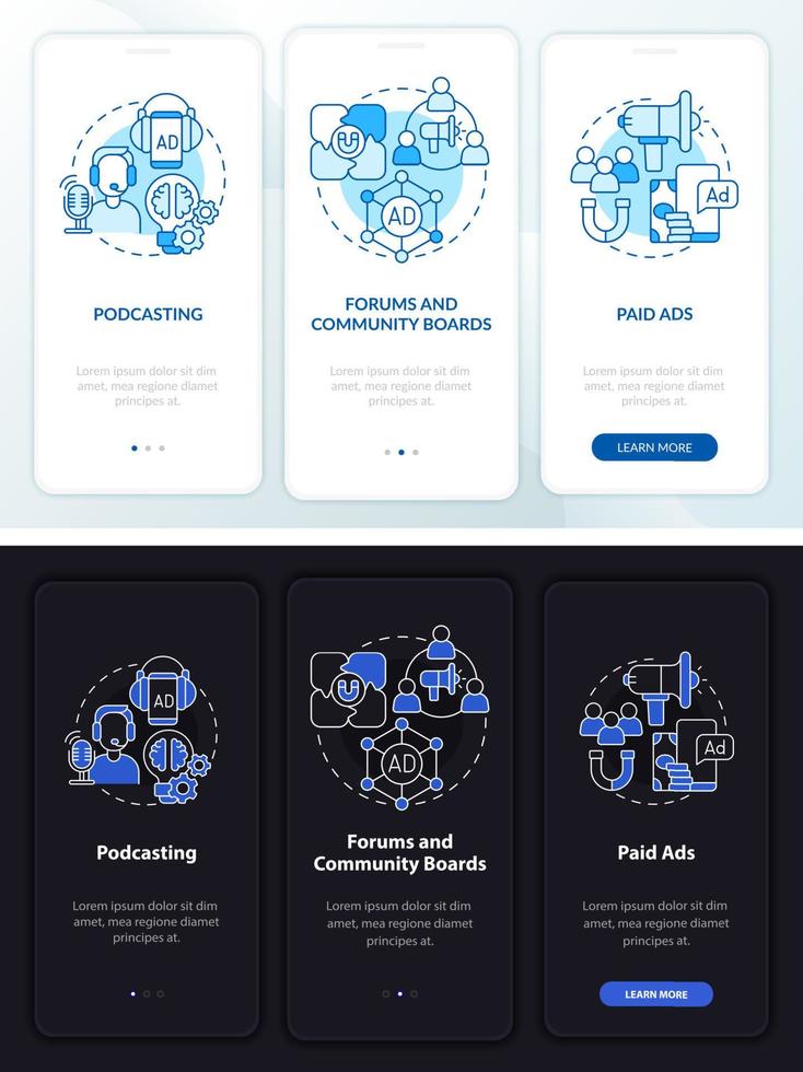 Digital marketing way night and day mode onboarding mobile app screen. Ad walkthrough 3 steps graphic instructions pages with linear concepts. UI, UX, GUI template. vector