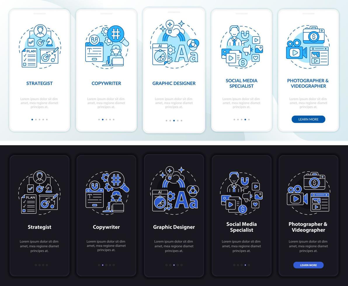 Marketing specialists night and day mode onboarding mobile app screen. Ad walkthrough 5 steps graphic instructions pages with linear concepts. UI, UX, GUI template. vector