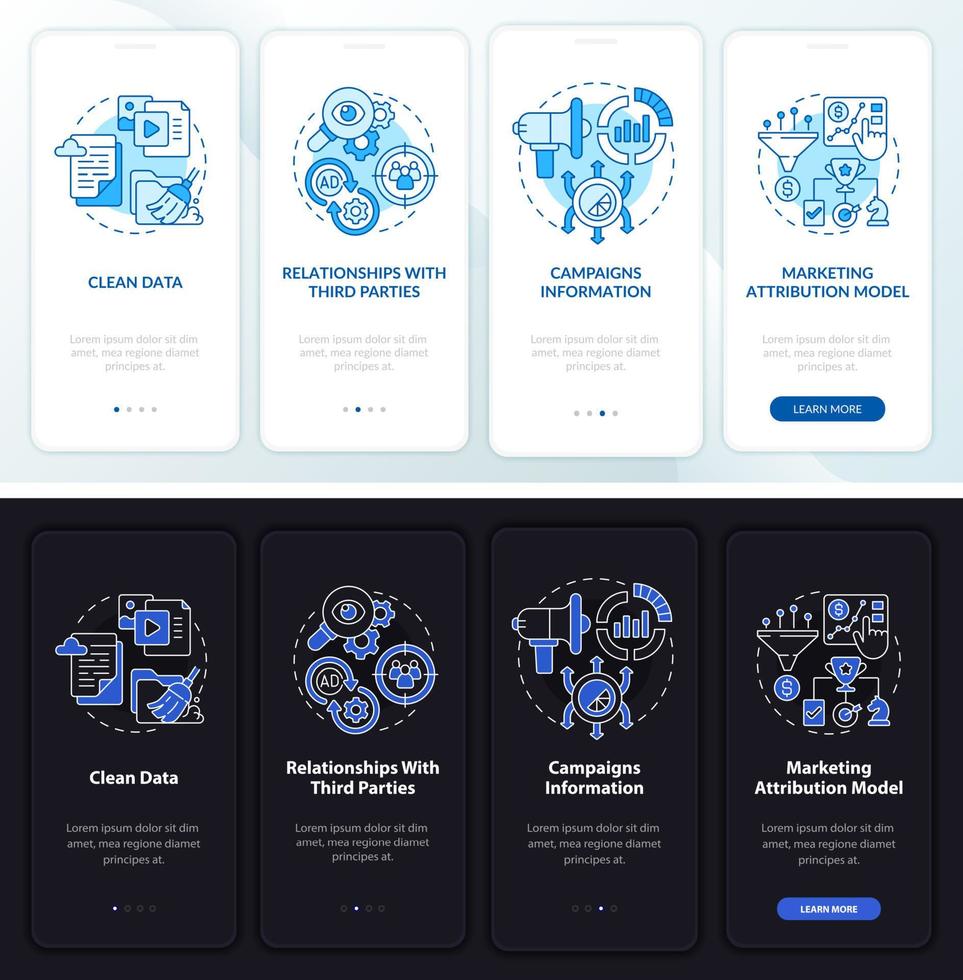 Online ad platform night and day mode onboarding mobile app screen. Promo walkthrough 4 steps graphic instructions pages with linear concepts. UI, UX, GUI template. vector