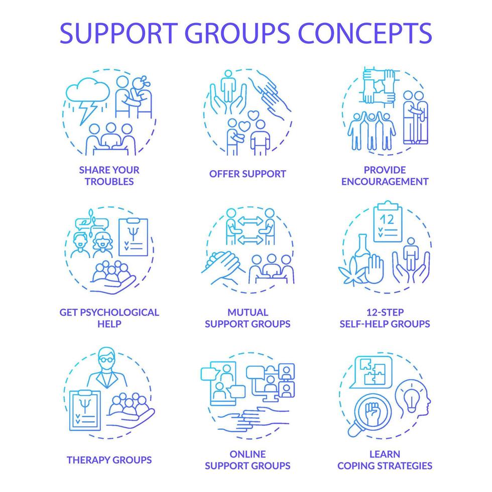 Support groups blue gradient concept icons set. Online therapy idea thin line color illustrations. Learn coping strategies. Isolated outline drawings vector