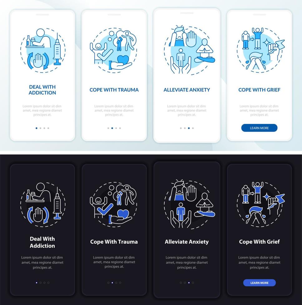 Emotional support night and day mode onboarding mobile app screen. Walkthrough 4 steps graphic instructions pages with linear concepts. UI, UX, GUI template vector