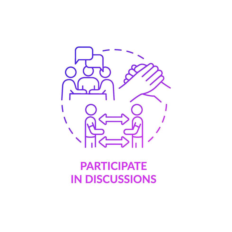 Participate in discussions purple gradient concept icon. Sharing personal experiences abstract idea thin line illustration. Isolated outline drawing vector