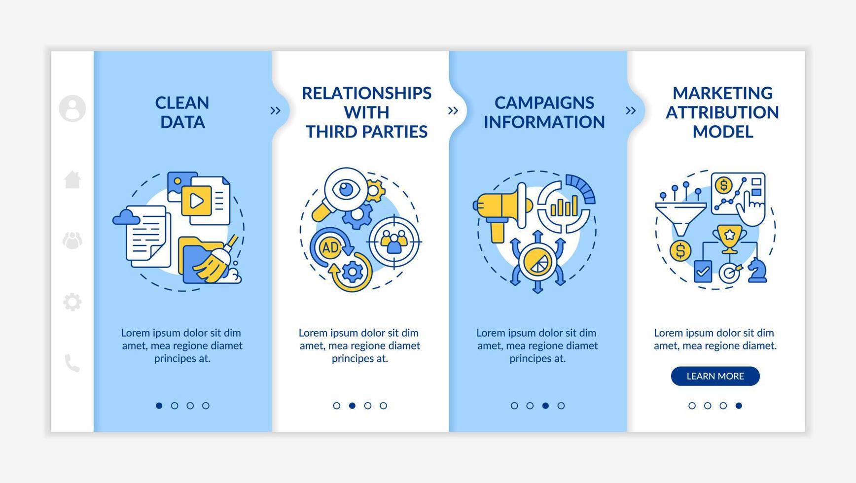 Digital marketing platform options blue and white onboarding template. Responsive mobile website with linear concept icons. Web page walkthrough 4 step screens. vector