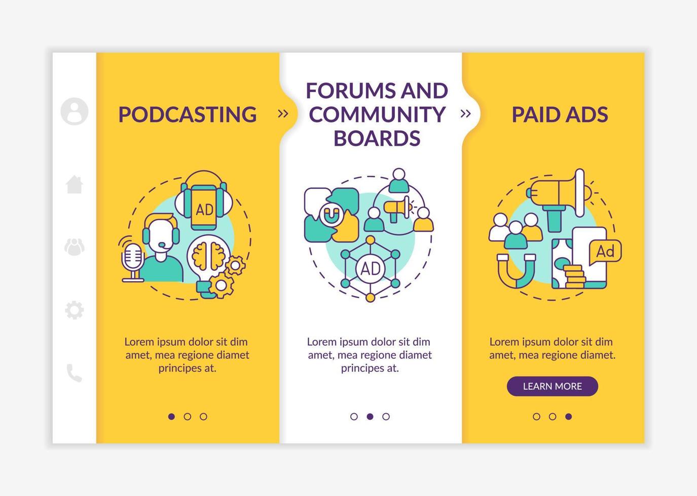 Digital marketing examples yellow onboarding template. Advertisement ideas. Responsive mobile website with linear concept icons. Web page walkthrough 3 step screens. vector