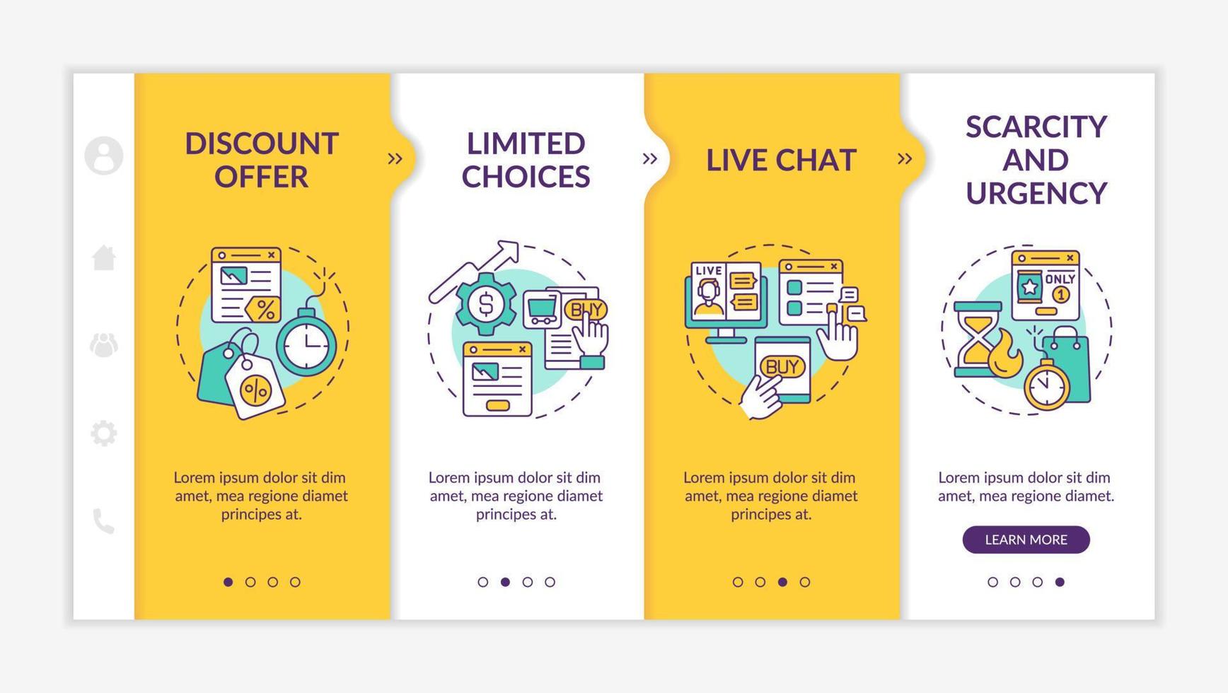 Landing page strategies yellow onboarding template. Internet ads. Responsive mobile website with linear concept icons. Web page walkthrough 4 step screens. vector