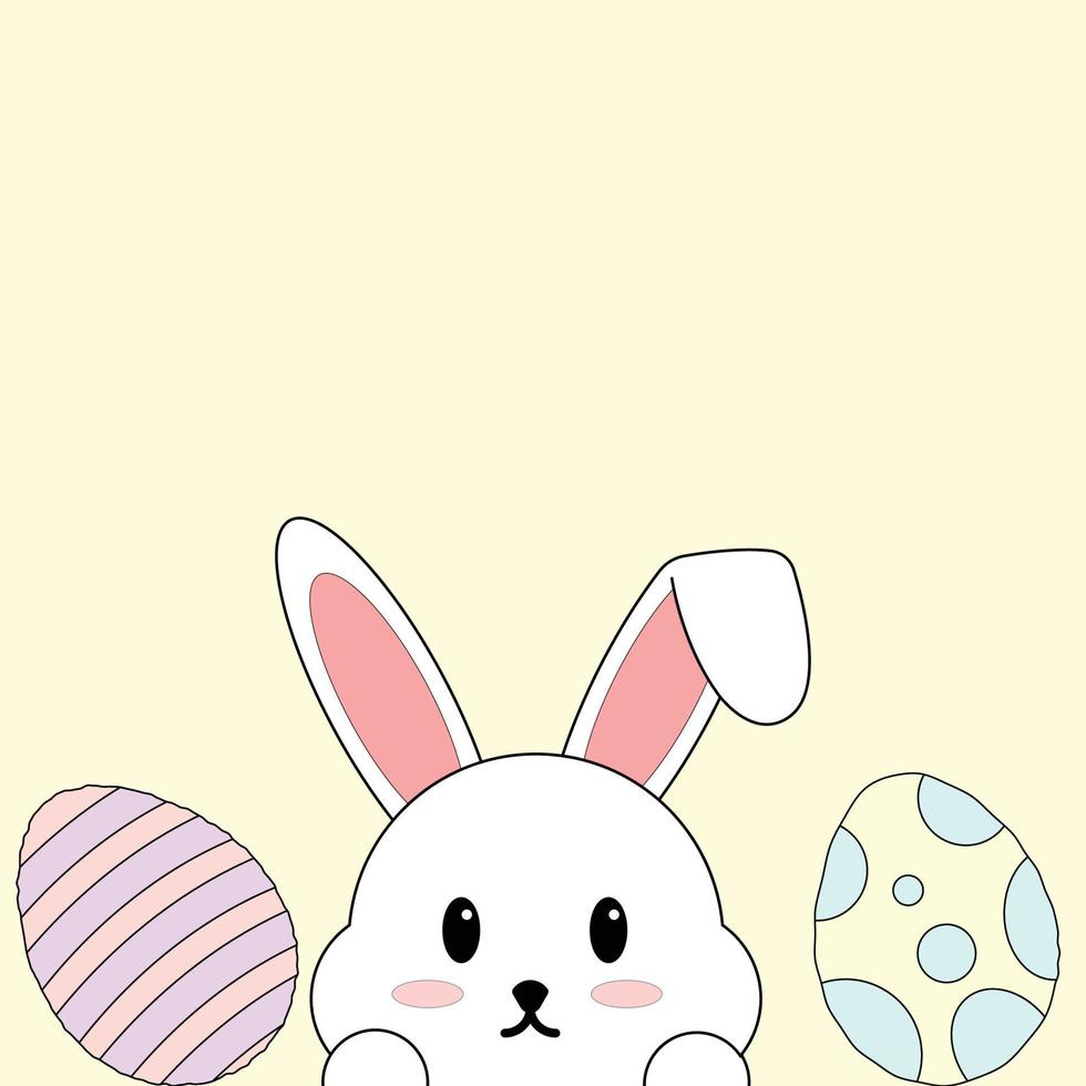 Happy Easter background with copy space area decorated eggs, confetti, flower and rabbit . Vector illustration greeting card, ad, promotion, poster, flyer, web-banner, article.