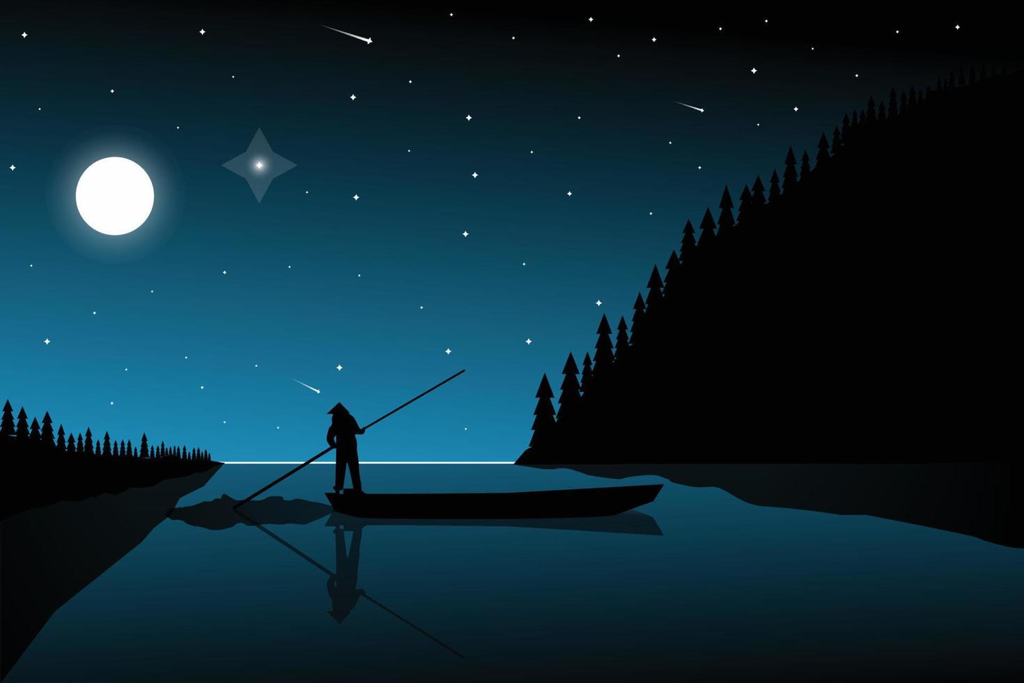 night landscape with moon, stars, people and mountain vector illustration