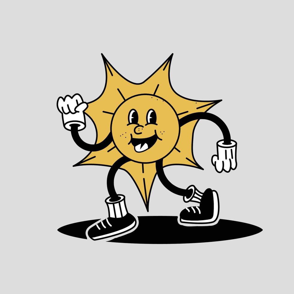 lindo personaje de sol divertido. icono de ilustración de personaje de dibujos animados dibujados a mano de vector retro.concepto de personaje de sol