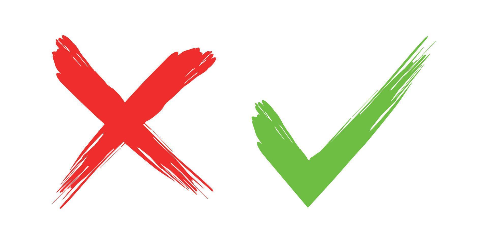 Marca de verificación verde de pincel de pintura y símbolo de icono de cruz roja. vector