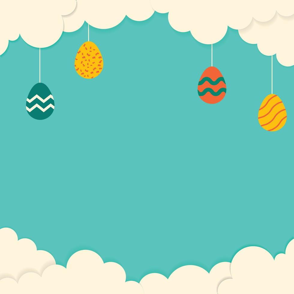 Happy Easter background with copy space area decorated eggs, confetti, flower and rabbit . Vector illustration greeting card, ad, promotion, poster, flyer, web-banner, article.