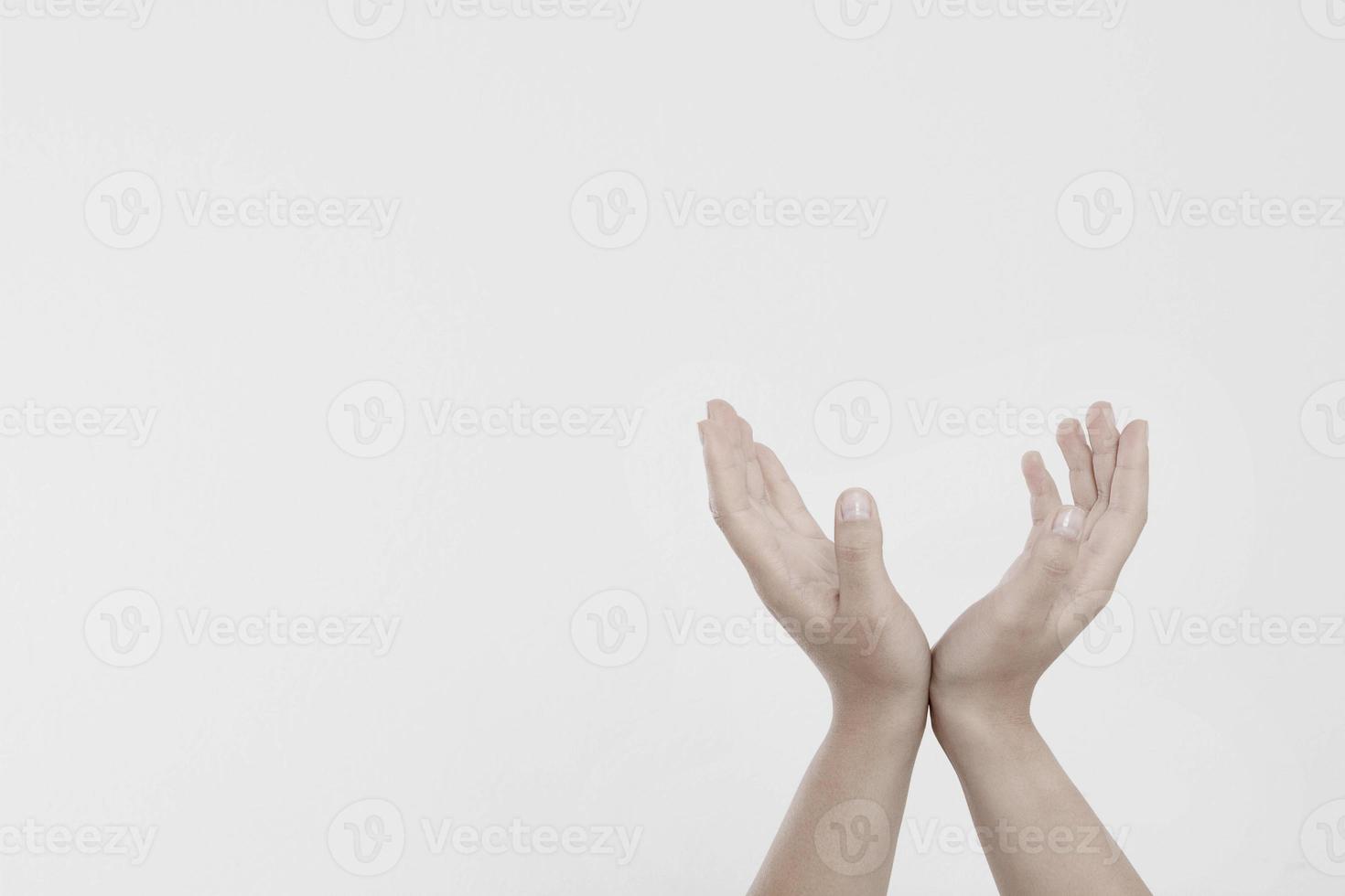 female hands measuring invisible items, woman's palm making gesture while showing small amount of something on white isolated background, side view, close-up, cutout, copy space photo