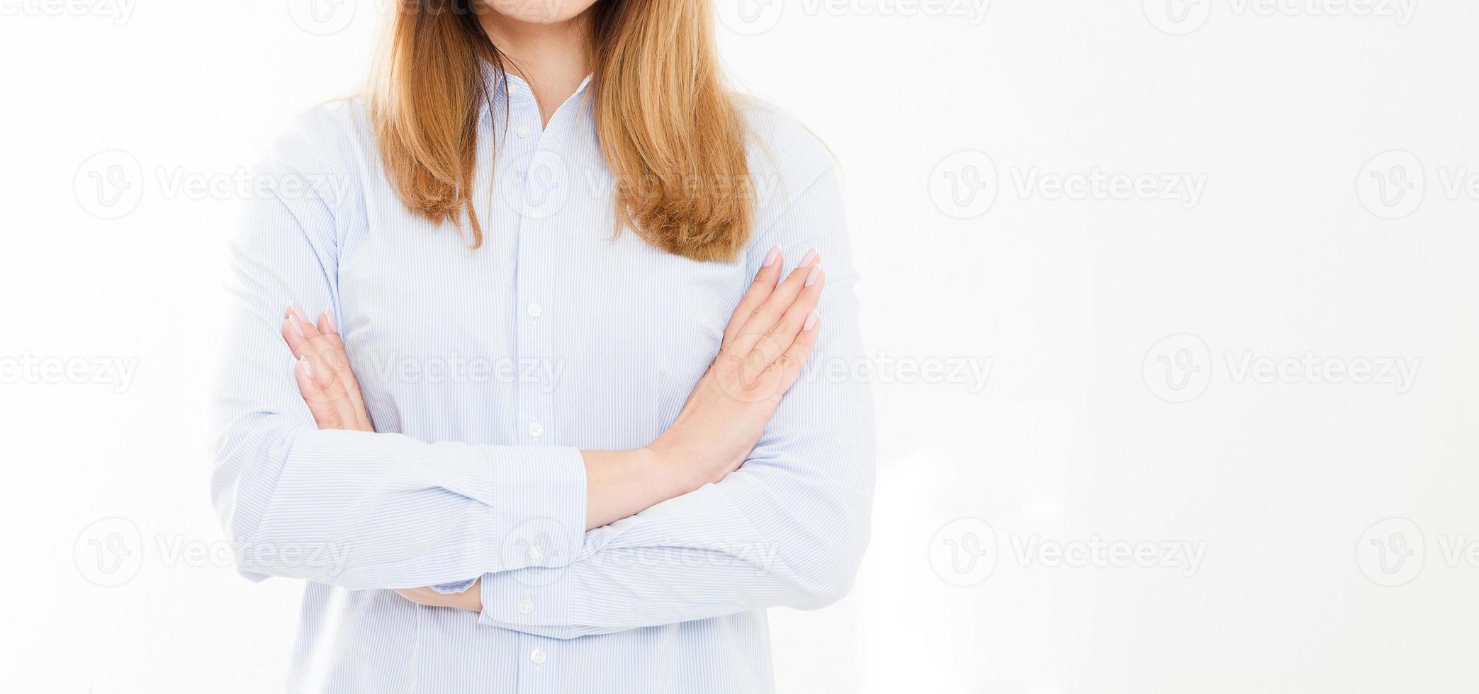 Isolated portrait of business woman, girl with glasses and crossed arms.Confident young manager. Copy space photo