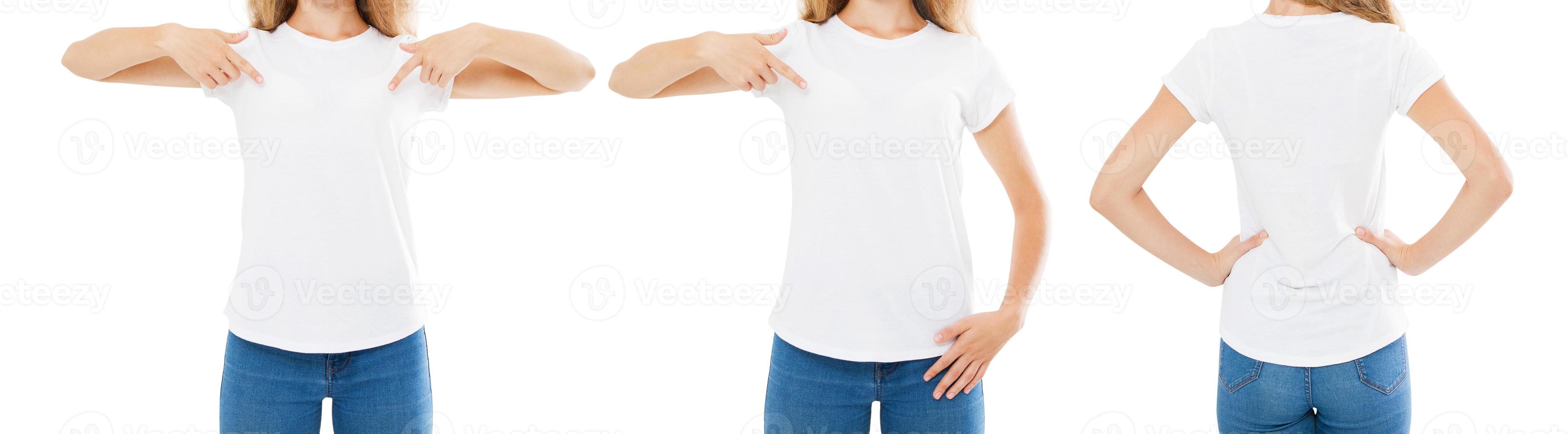 set,collage woman points hand on white t-shirt isolated,girl tshirt,front and back views,cropped image photo