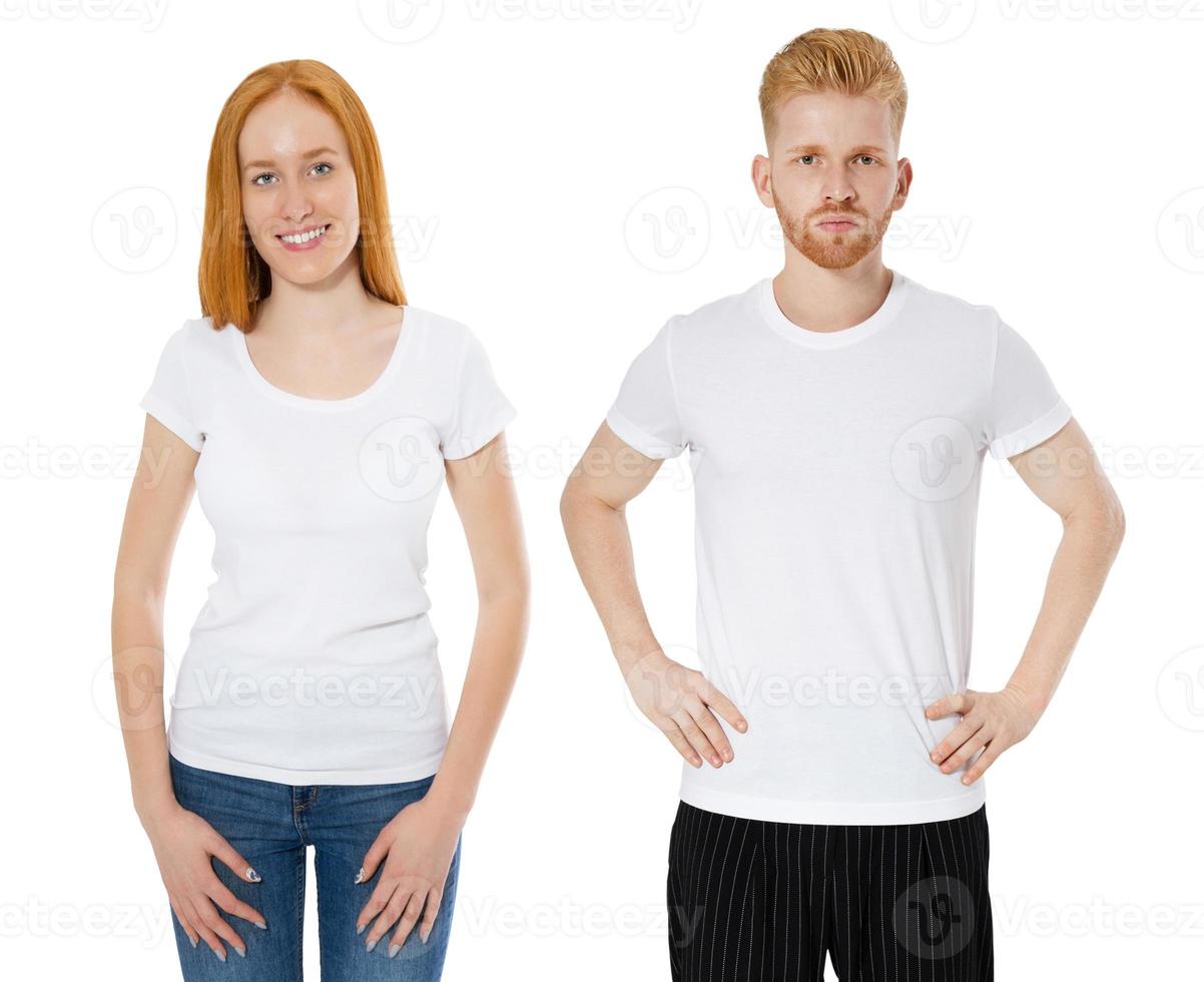 Red hair girl and man in white t-shirt set isolated copy space, white t shirt collage male and female photo