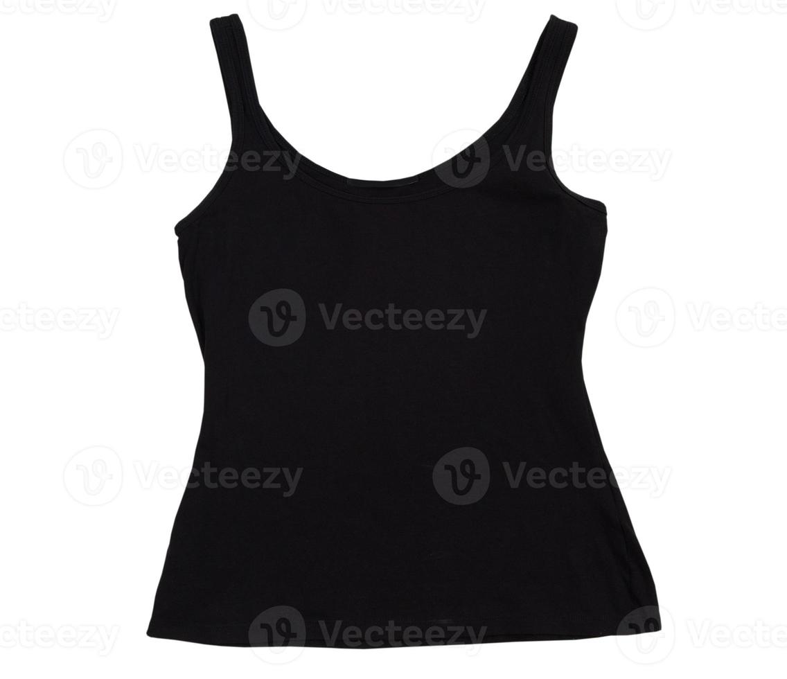 Black female tank top isolated over white, Black tank top tshirt template ready for your own graphics on white background. Shirt without sleeves over white photo