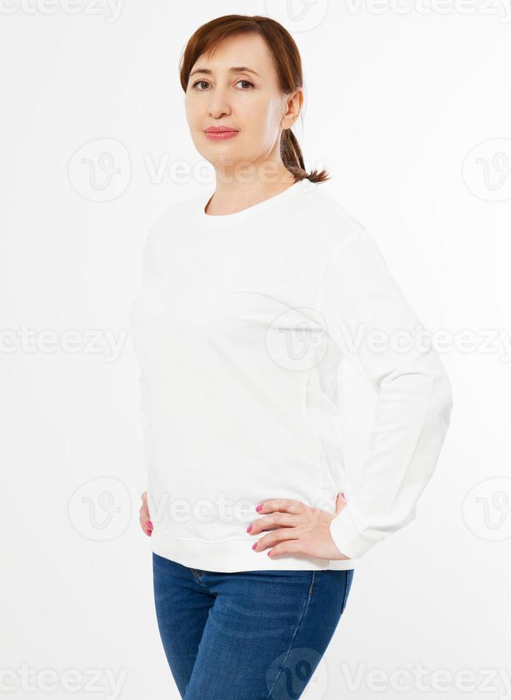 woman in white pullover posing on white background - mock up photo