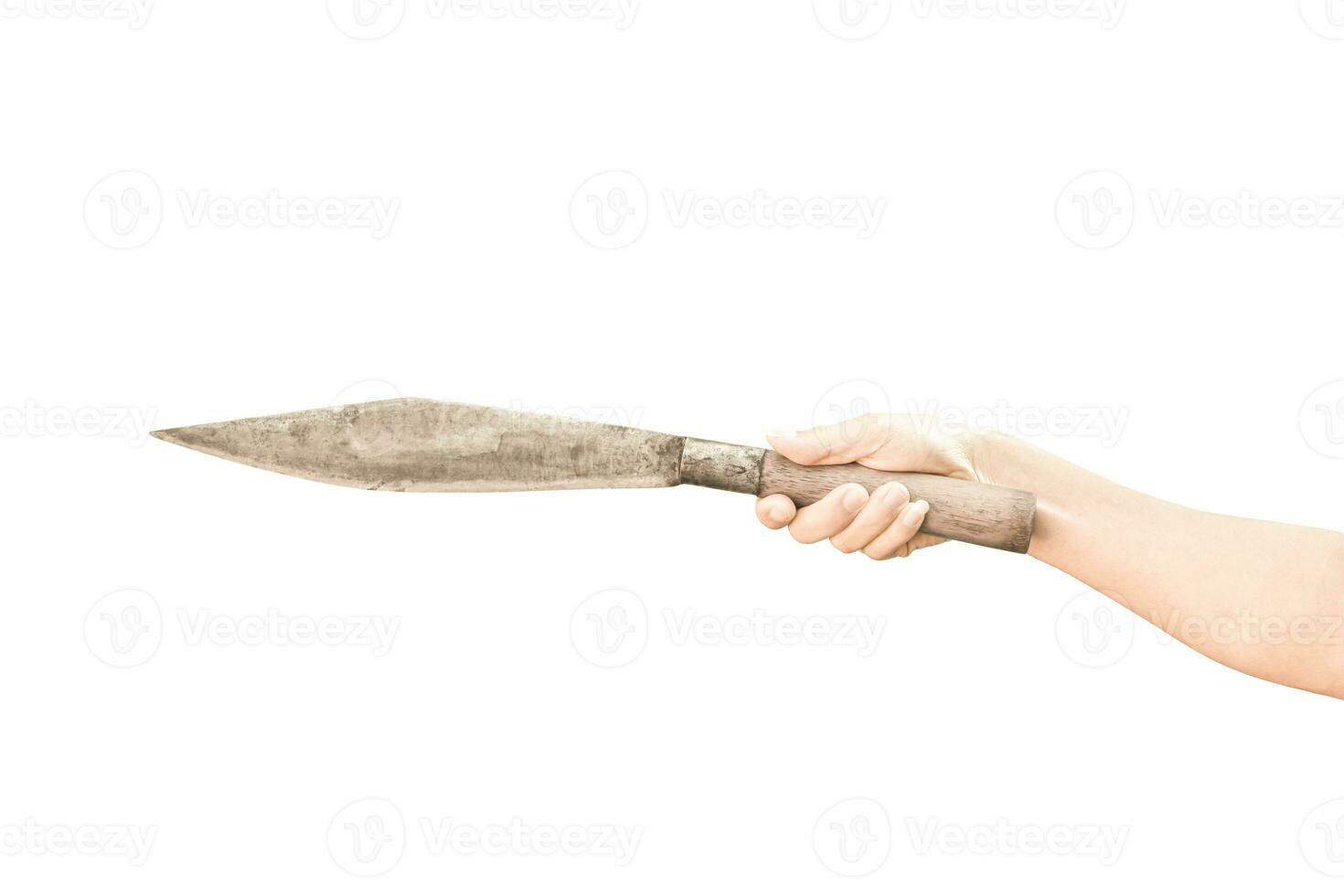 hand holding stainless knife isolated on white background with clipping path. photo