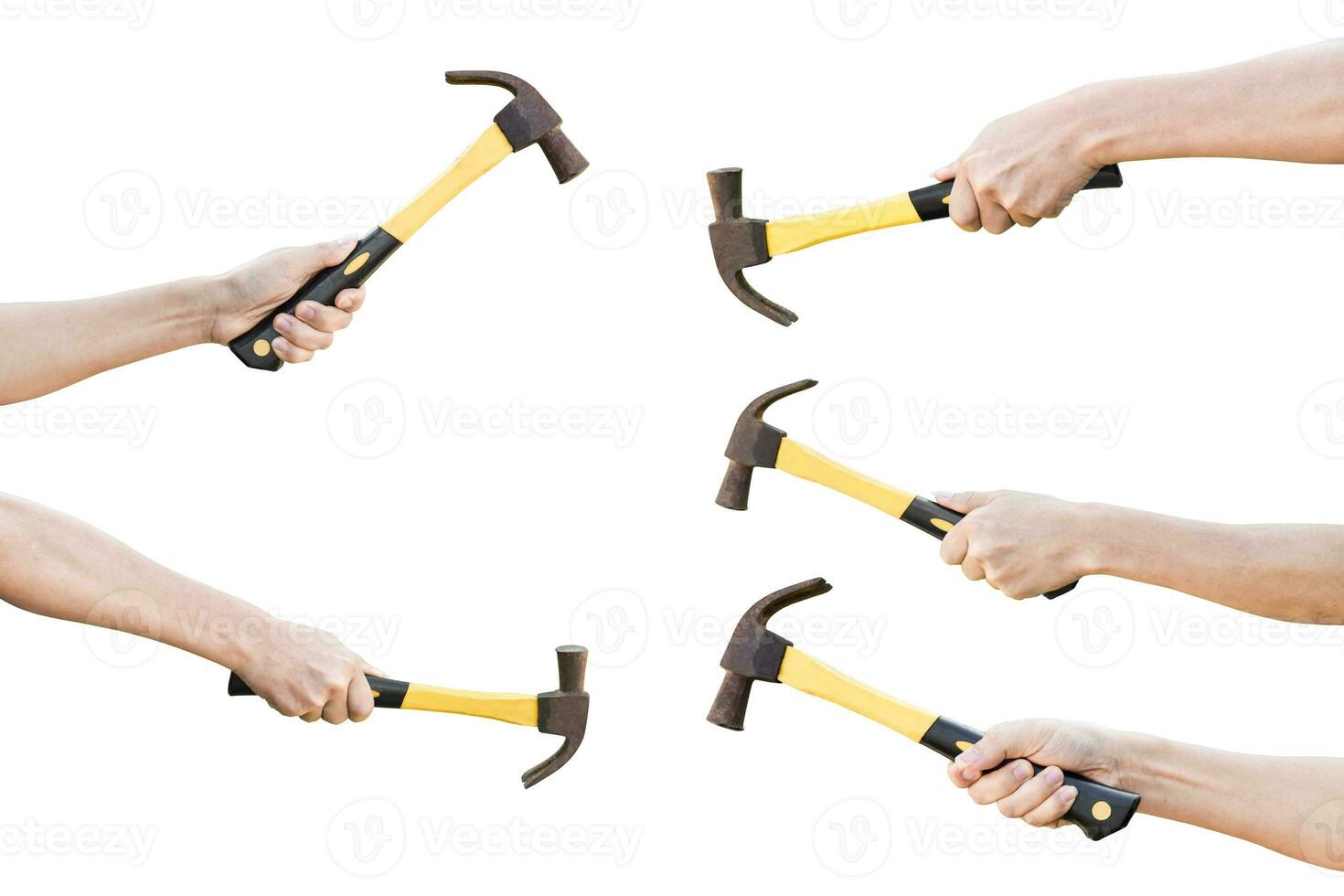 Collection of hand holding old rusty hammer isolated on white background, with clipping path photo