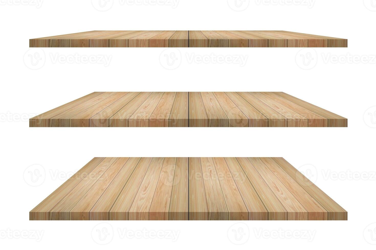 Set of brown wood shelves on isolated white background. Objects with clipping path for design work and decoration photo