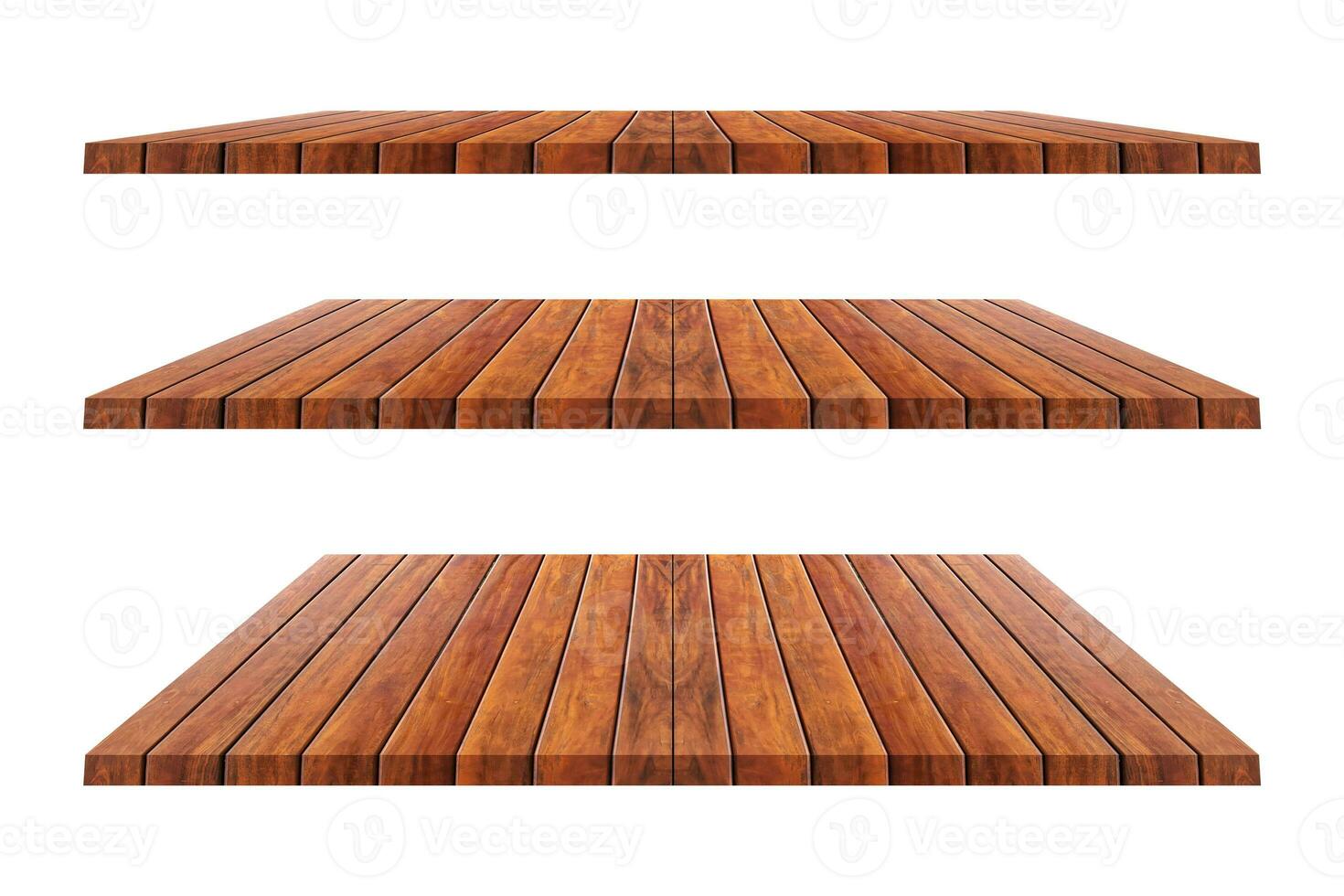 Set of brown wood shelves on isolated white background. Objects with clipping path for design work and decoration photo